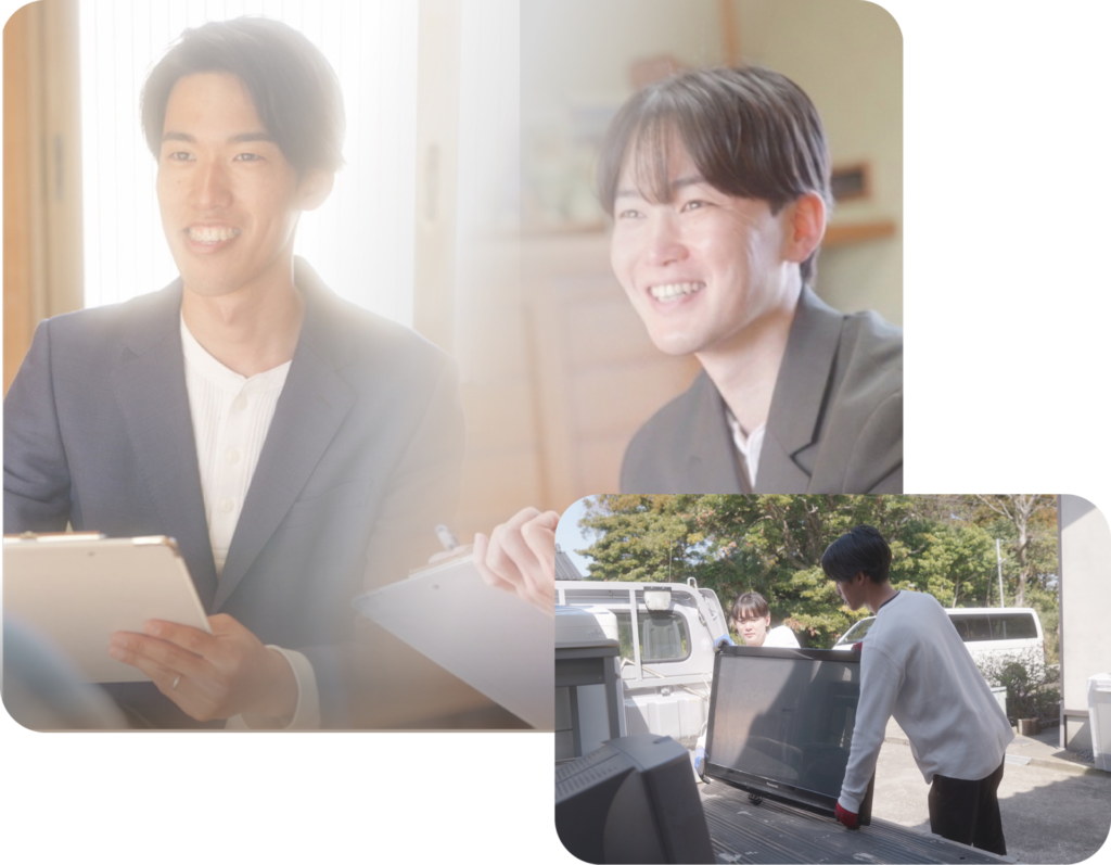 左：お客様との相談に笑顔で向き合うm-portionの2人のスタッフ。右：2人でテレビを丁寧に運ぶm-portionスタッフ